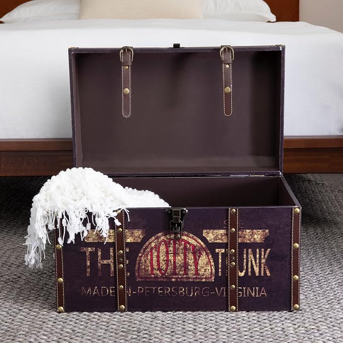 Household Essentials Large Decorative Storage Trunk with Vintage Decoupage, Leather and Metal Accents, Green and Black Finish