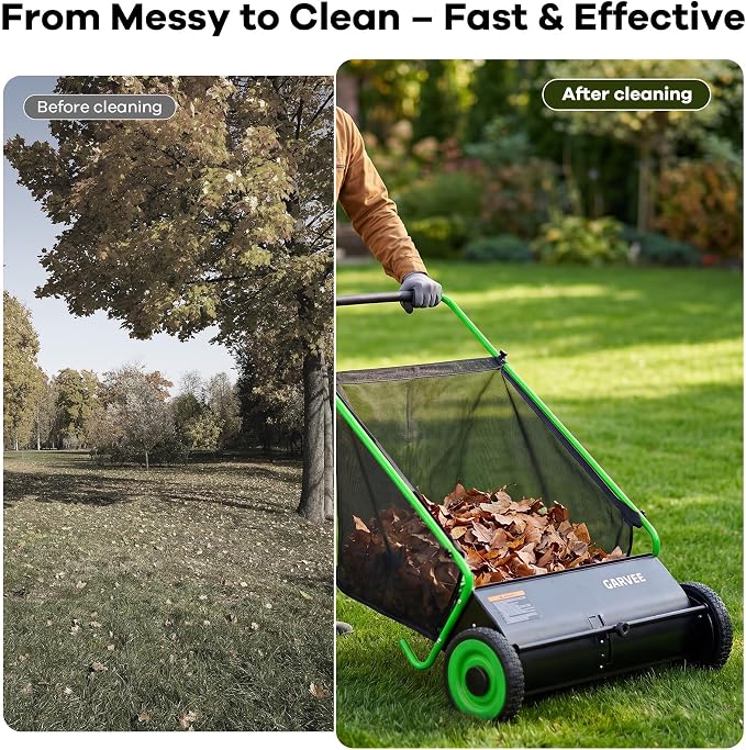 Push Lawn Sweeper, 26 in Leaf & Grass Collector with 7 cu. ft. Hopper Bag, Heavy Duty Yard Sweeper with Clear Dust Cover & Large Collection Bag for Lawn Yard Cleanup