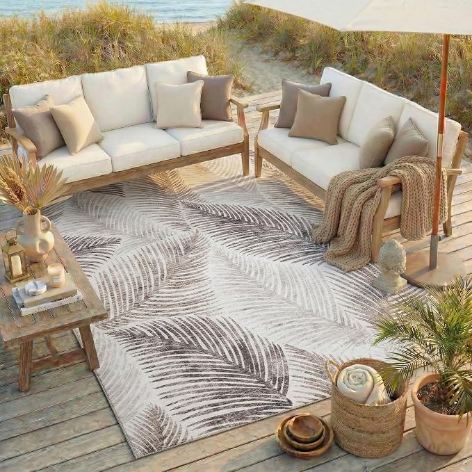 ReaLife Rugs Machine Washable Indoor Outdoor - Mat Rug Foldable Printed Thin Lightweight Cushioned Fade Resistant Patio Deck Dock Porch Pool Balcony Camping - Zoey - Beige 4' x 6'