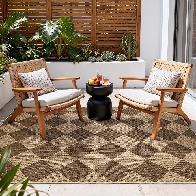 EDIMENS 3x5 Outdoor Rugs Checkered Easy Jute Front Door Mat Entryway Rug | Brown Washable Non Slip Indoor Outdoor Rug Farmhouse Neutral Living Room Carpet for Backyard Porch Balcony Patio