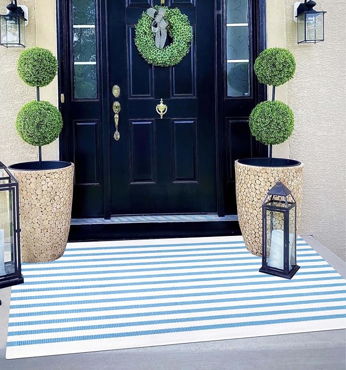 2x4 Outdoor Rug,Light Blue and White Striped Front Porch Rug Cotton Woven Washable Indoor Outdoor Doormat Farmhouse Small Area Rug for Porch/Entryway/Home Entrance Decor