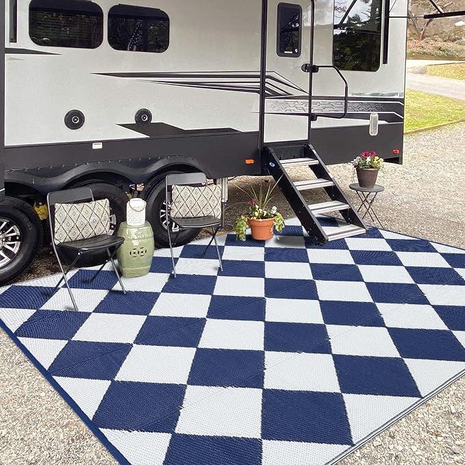 GarveeLife 8x10 Outdoor Rug for Patio Reversible, Plastic Straw Rug Waterproof Camping Rug Portable, Foldable Lightweight Mat for RV, Patio, Backyard, Deck, Picnic, Beach (Dark Blue/White)