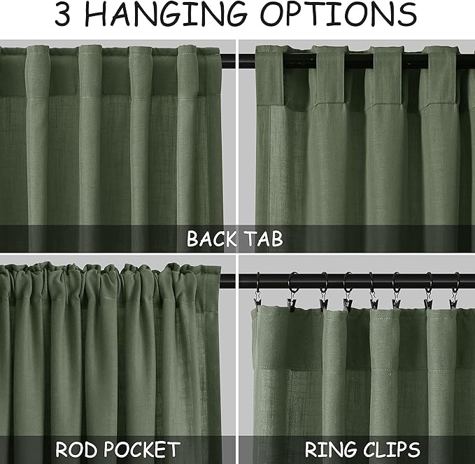 Nanspring Olive Green Linen Curtains 72 Inches Long 2 Panels Set for Living Room Back Tab Rod Pocket Light Filtering Semi Sheer Privacy Drapes Cotton Farmhouse Bedroom Curtain 52X72 Inches