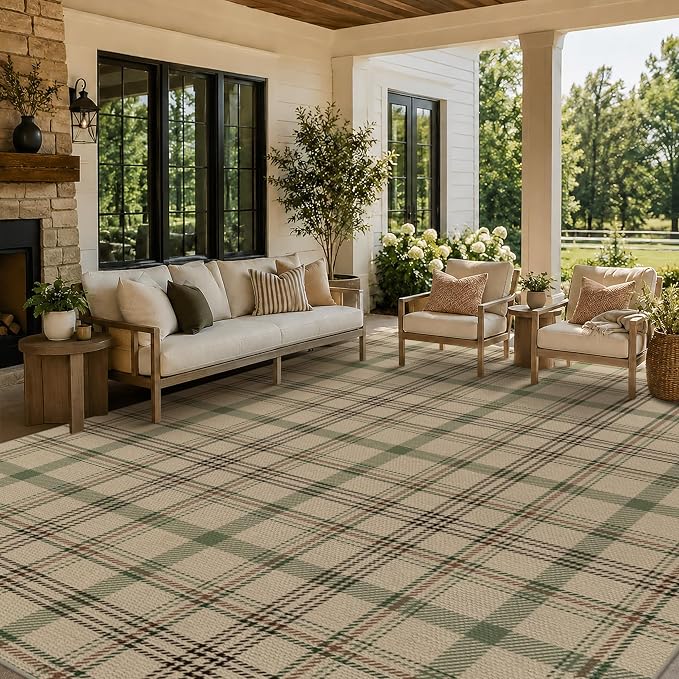 JTJ Easy Jute Plaid Outdoor Rug 8x10, Washable Indoor Outdoor Area Rug for Patio, Porch, Deck, Dining Room, Non Slip Farmhouse Tartan Rug in Sage Green and Beige