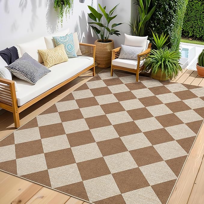 GarveeHome 9x12 Checkered Easy Jute Rugs for Bedroom Machine Washable Large Rugs Non-Slip Backing Modern Neutral Stain Resistance Carpets for Farmhouse Patio Dining Room Backyard Brown