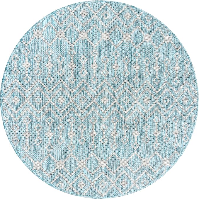 Unique Loom Outdoor Trellis Collection Area Rug - Tribal Trellis (3' 3" Round, Aqua/ Ivory)