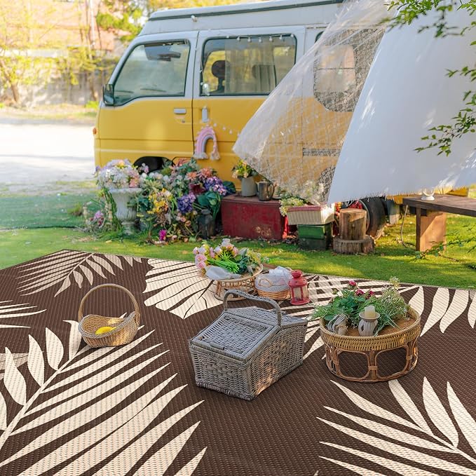 GENIMO Outdoor Rug, Waterproof Plastic Rugs 10'x14' for Camping Coffee | Outside Larger Leaf Carpet Mat for Porch Decor, Deck, Camping, RV, Backyard, Balcony, Picnic, Beach, Reversible, Foldable