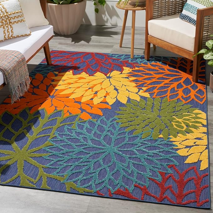 Nourison Home Aloha Navy Multicolor 6' x 9' Area Rug - Easy Clean, Non Shedding, Bed Room, Living Room, Dining Room, Kitchen (6' x 9')