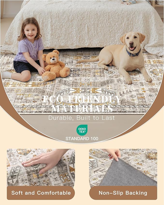 Madane Runner Rug 2'6''x8' Kitchen Runner, Hallway Runner Printed Vintage Washable Rugs Soft Non-Slip Low Pile 2.5x8 ft Runners for Hallways Laundry Room Rug Distressed Rug, Brown/Gold