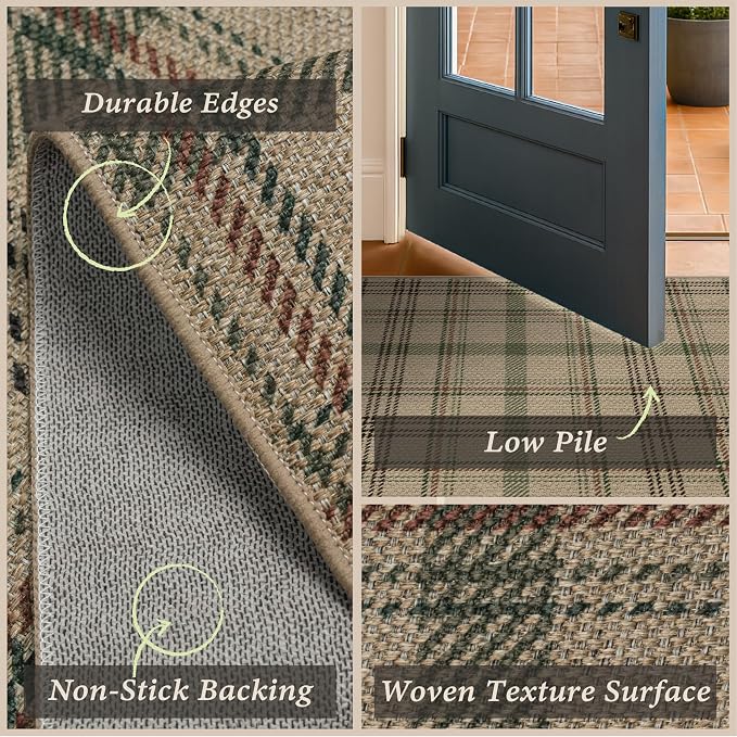 JTJ Easy Jute Hallway Runner Rug 2'6" x 8', Washable Non Slip Indoor Outdoor Low Pile Plaid Rug for Entryway, Kitchen, Laundry Room & Farmhouse Décor