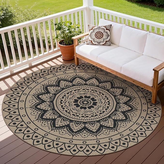 Faux Jute Outdoor Round Rug, 6ft Washable Indoor Outdoor Patio Rug, Black Non Slip Round Area Rug Farmhouse, Boho Carpet for Backyard Patio