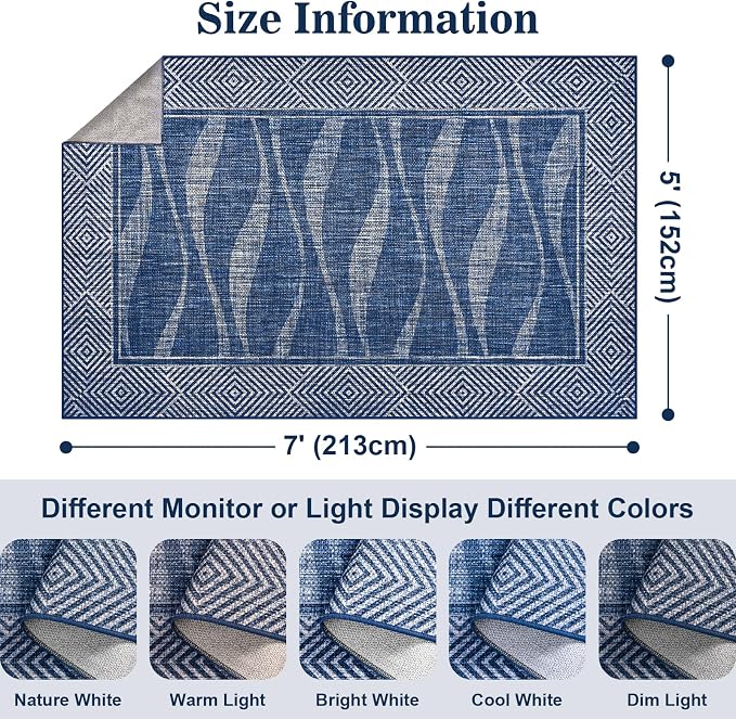 Easy Jute Rug 5x7 Outdoor Patio Rug with Border, Washable Rugs for Living Room, Farmhouse Non Slip Area Rugs with Rubber Backing Indoor Outdoor, Non Shedding Carpet for Bedroom, Courtyard, Blue