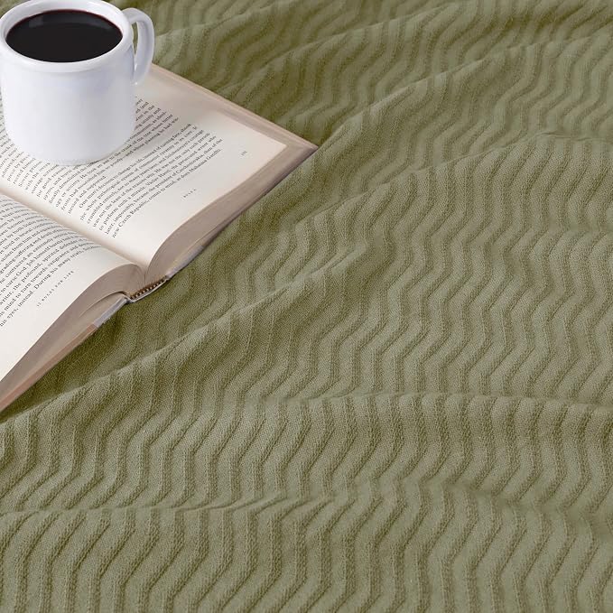 Superior JENA Cotton Blanket, for Picnic, Beach, Traveling or Camping, Bedroom Decor, Essentials, Cover for Bed, Couch, Lounging, Textured Jacquard, Modern Chevron Woven Blanket, Full/Queen, Sage