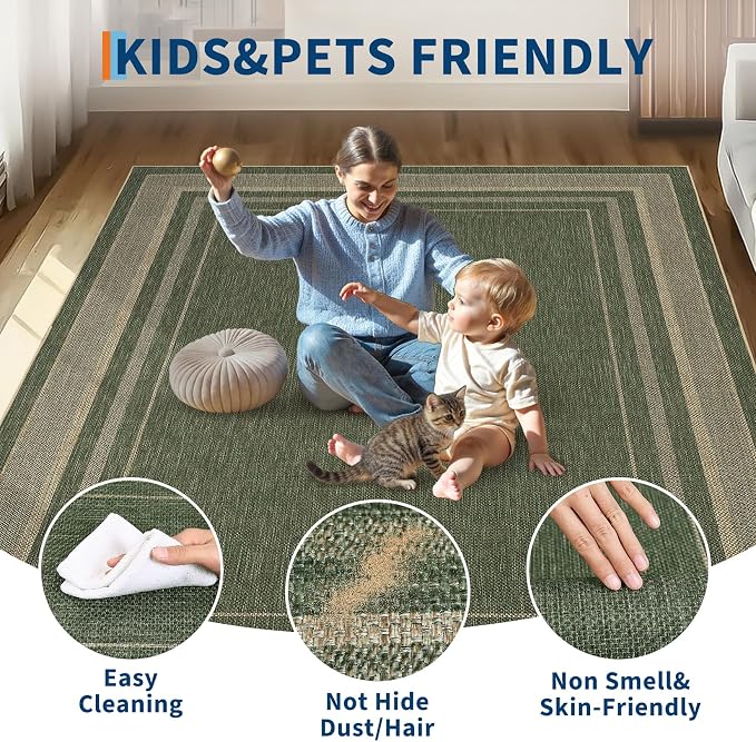 GarveeHome 5x7 Washable Rug for Bedroom Solid Easy Jute Living Room Rugs | Non Slip Modern Neutral Bordered Stain Resistant Indoor Throw Carpet for Nursery Kitchen Dining Room Entryway, Green