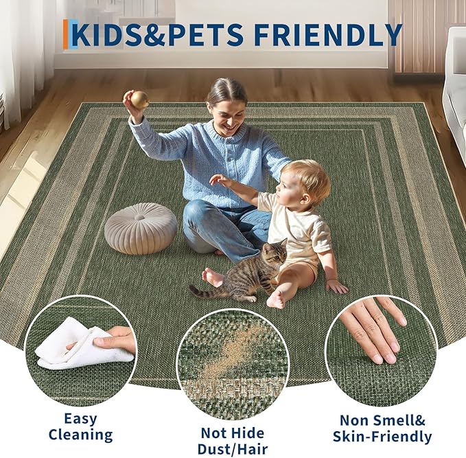 GarveeHome 9x12 Large Area Rug for Living Room Easy Jute Modern Rugs | Non Slip Low Pile Neutral Bordered Solid Tan Dining Room Rugs Washable Carpet for Bedroom Home Office Decor, Green