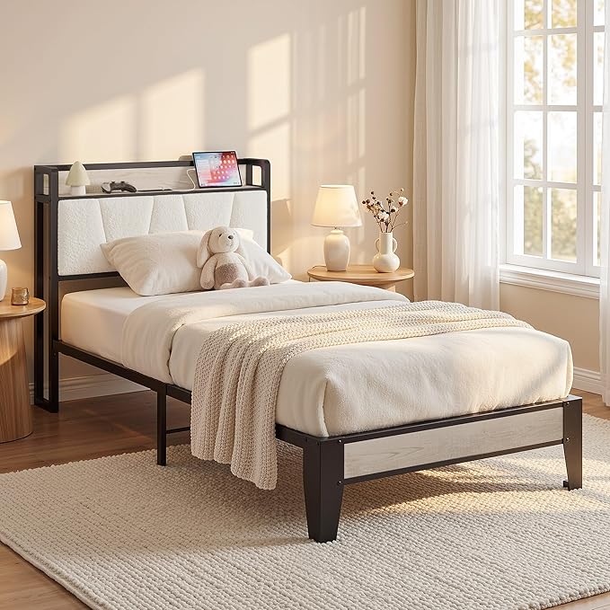 LIKIMIO Twin XL Bed Frames, Bouclé Storage Headboard with Charging Station, Solid and Stable, Noise Free, No Box Spring Needed, Easy Assembly