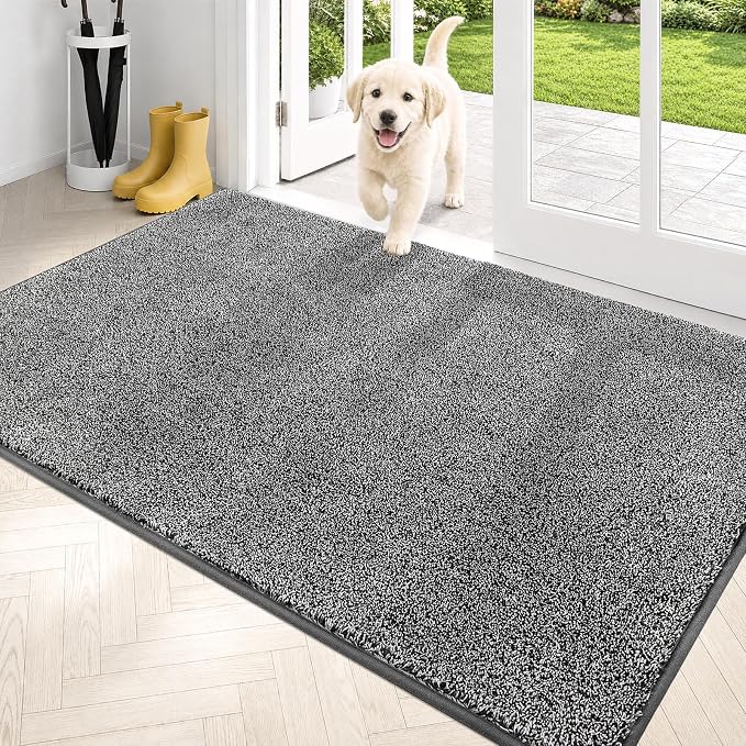 PURRUGS Dirt Trapping Door Mat 34" x 59", Non-Slip Machine Washable Entryway Rug, Dog Doormat, Indoor Front Door Mat, Super Absorbent Entry Rug for Muddy Shoes & Paws, Light Grey-Dark Grey