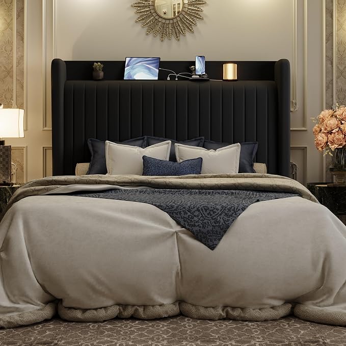 SHA CERLIN Queen Size Velvet Bed Frame with Shelf, Charging Station, Black | Wingback Storage Headboard, Upholstered Platform Bed, Wooden Slats Support, No Box Spring Needed, Easy Assembly, Noise Free