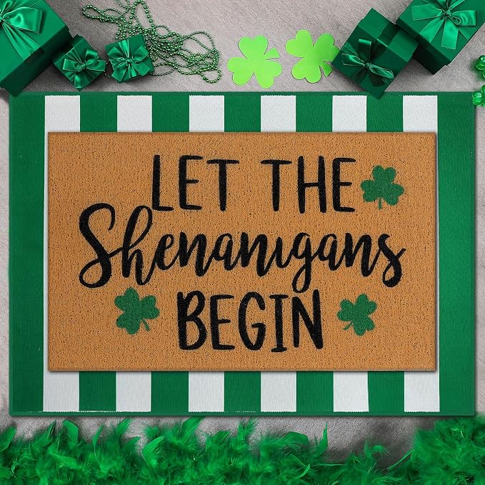 Tinideya 2 Pcs Irish Festival Door Mat Fest Welcome Non Slip Coir Mats Shenanigans Green White Stripe Floor Layering Doormats Seasonal for Front Porch Entryway Decor(Irish Festival)