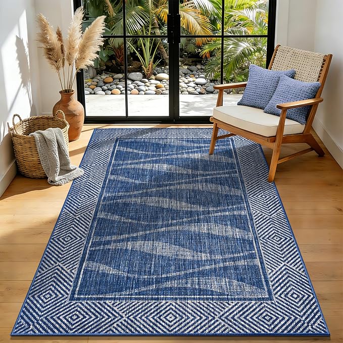 Jute Rug 3x5 Outdoor Patio Rug with Border, Washable Rugs for Entryway Porch, Farmhouse Non Slip Area Rugs with Rubber Backing, Non Shedding Carpet for Indoor Outdoor Bedroom, Courtyard, Blue