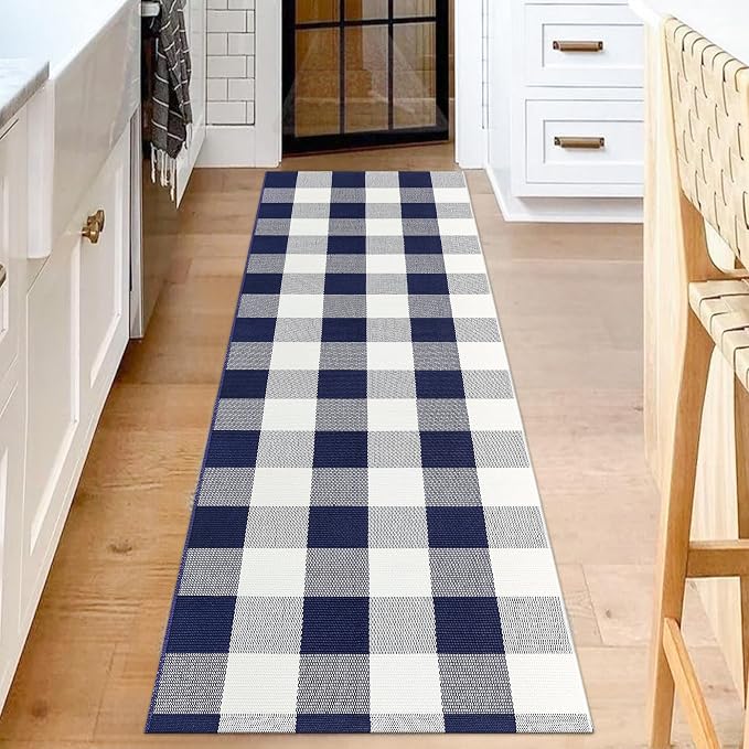 Buffalo Plaid Runner Rug 2x6 Feet Navy and White Checkered Runner Rug Cotton Woven Farmhouse Floor Mat Washable Rugs for Hallway Kitchen Laundry Bedroom Living Room