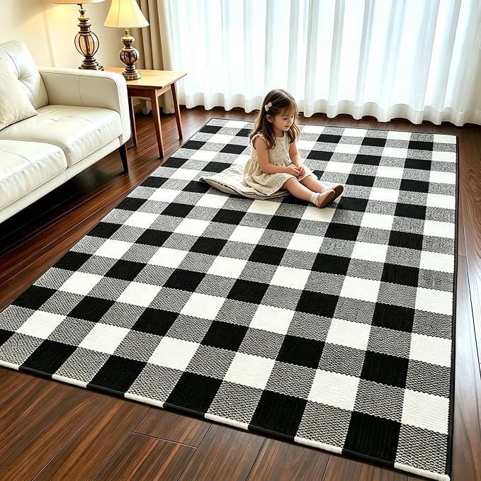 Buffalo Plaid Rug 4' x 6' Black and White Front Door Mat Reversible Layered Porch Rug Washable Hand Woven Cotton Area Rug for Indoor Outdoor Living Room Dining Room Bedroom Kitchen Porch Decor