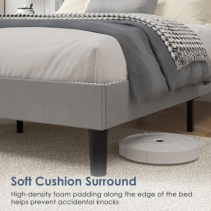 VECELO Queen Size Platform Bed Frame with Height Adjustable Upholstered Headboard, Modern Mattress Foundation,Strong Wood Slat Support, No Box Spring Needed, Easy Assembly,Light Grey