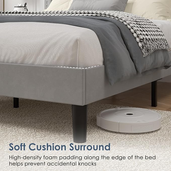 VECELO Full Size Platform Bed Frame with Height Adjustable Upholstered Headboard, Modern Mattress Foundation,Strong Wood Slat Support, No Box Spring Needed, Easy Assembly,Light Grey