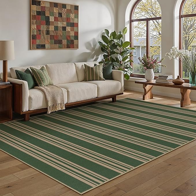 PureCozy Striped Easy Jute Rug 6x9 Green Living Room Carpet Washable Non Slip Bedroom Office Rug Farmhouse Neutral Non Shedding Indoor Outdoor Large Carpet for Kitchen Dining Room