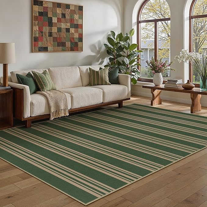 PureCozy Striped Easy Jute Rug 8x10 Green Living Room Carpet Washable Non Slip Bedroom Office Rug Farmhouse Neutral Non Shedding Indoor Outdoor Large Carpet for Kitchen Dining Room