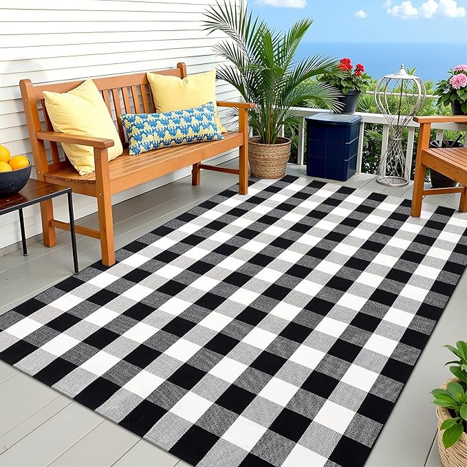 OLANLY Buffalo Plaid Rug 5' x 7' – Black and White Cotton Checkered Doormat, Washable Indoor Outdoor Rug for Layered Front Porch, Kitchen, Entryway Decor