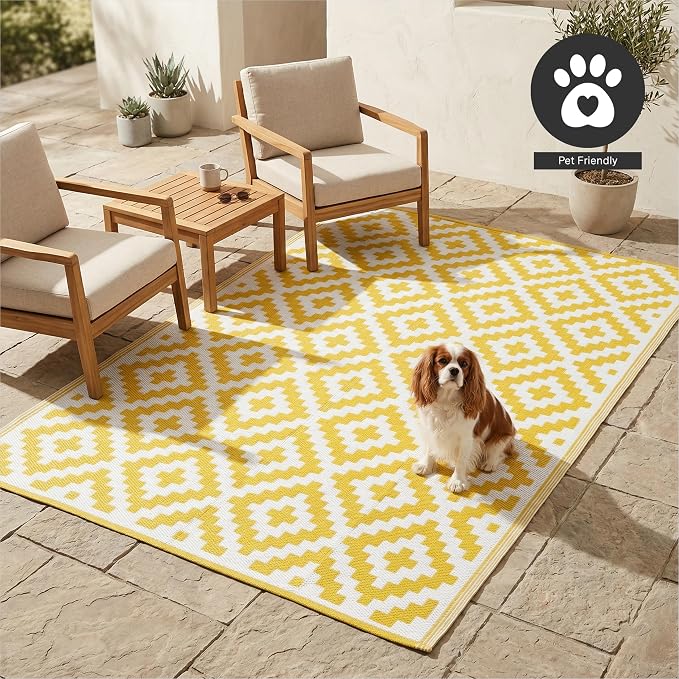 FH Home Outdoor Rug - Waterproof, Fade Resistant, Reversible - Premium Recycled Plastic - Geometric - Large Patio, Deck, Sunroom, Camping, RV - Aztec - Yellow & White Crease Free - 6 x 9 ft