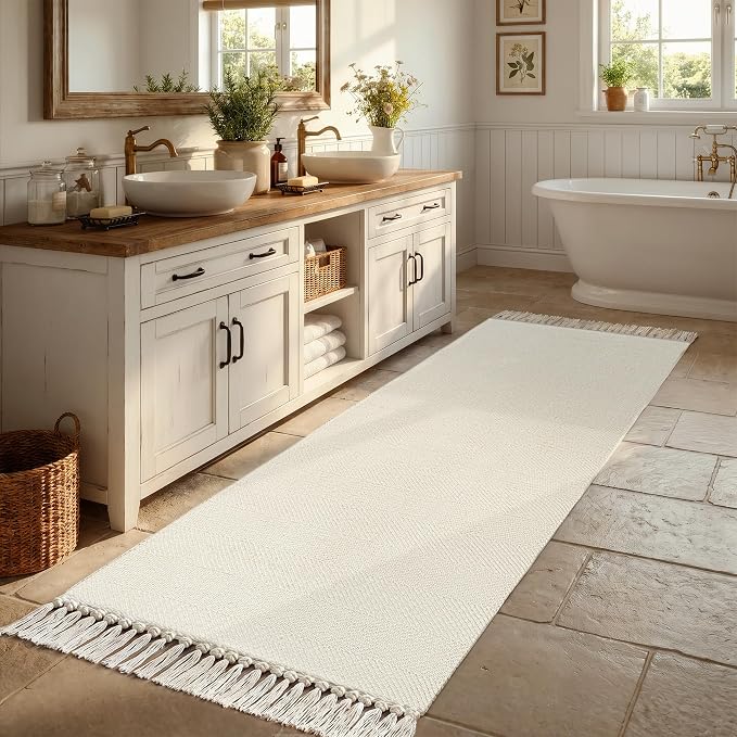 Collive Boho Washable Kitchen Runner Rug, 2.6' x 7' White Bathroom Rugs Modern Farmhouse Hallway Runner Rug, Hand Woven Entry Hall Carpet for Laundry Bedroom Decor