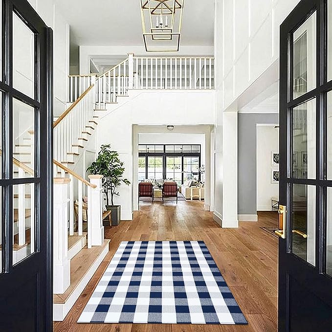 KILOCOCO Buffalo Plaid Checkered Rug 4x6 ft Blue and White Front Door Rug | Machine Washable Front Porch Rug, Outdoor Rugs, Indoor Living Room Rug, Cotton Low Pile Rugs for Kitchen Patio Dining Room