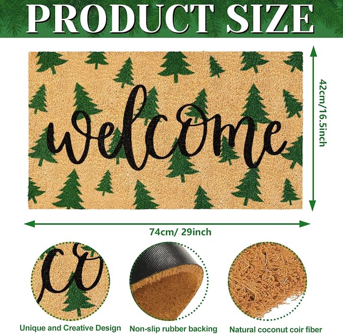 JarThenaAMCS Christmas Tree Door Mat 16.5 x 29 Inch Christmas Coir Doormat Green Xmas Tree Welcome Floor Mat Non-Slip Entrance Door Rugs for Indoor Outdoor Bathroom Decor