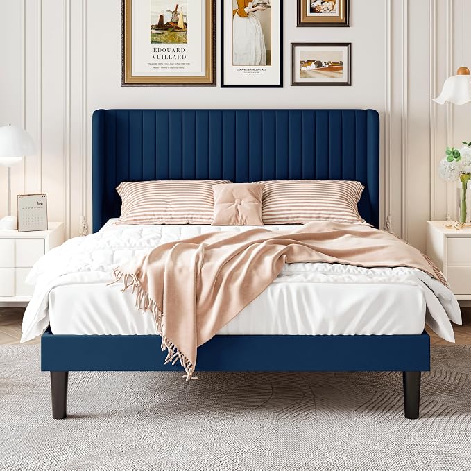 SHA CERLIN Queen Size Velvet Bed Frame, Tufted Wingback Headboard, Blue | 47'' Modern Vertical Channel Headboard, Upholstered Platform Bed, Wood Slats, No Box Spring Needed, Easy Assembly, Noise Free