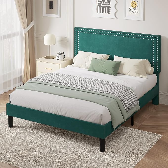 VECELO Full Size Platform Bed Frame with Height Adjustable Upholstered Headboard, Modern Mattress Foundation,Strong Wood Slat Support, No Box Spring Needed, Easy Assembly,Dark Green