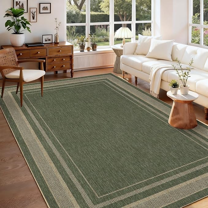 GarveeHome Easy Jute Rug 8x10 Washable Non Slip Solid Green Living Room Rugs