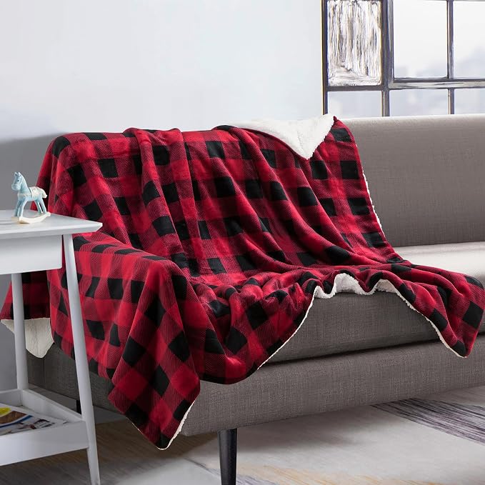 Elegant Comfort Luxury Ultra-Plush Velvet Touch Buffalo Plaid Fleece Throw - Soft, Warm, Cozy Micromink Sherpa-Backing Reversible Blanket for Bed, Sofa and Couch, Buffalo Burgundy