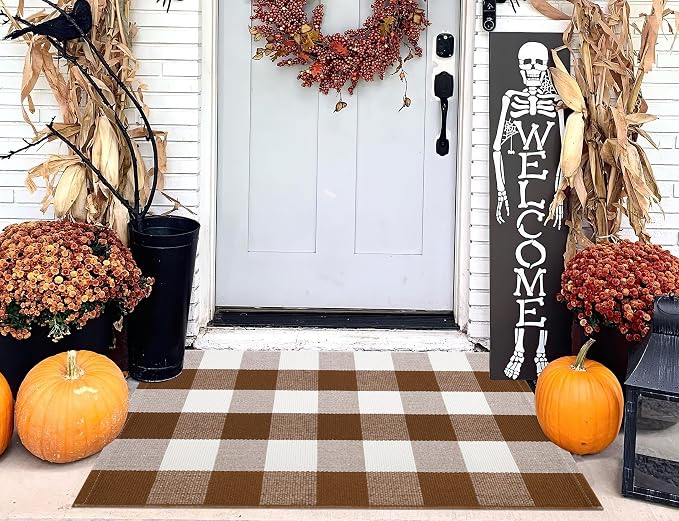 Fall Outdoor Rug 2'x3',Coffee and White Checkered Area Rug Halloween Cotton Washable Layered Doormat for Hello Welcome Front Porch Door Mats Bedroom Living Room