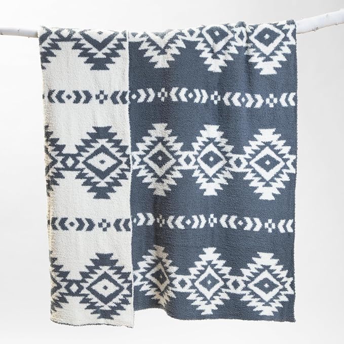 Carstens, Inc. Luxury Soft Stretchy Reversible Plush Throw Blanket, Large 50" x 60", Western Blue Diamond Aztec