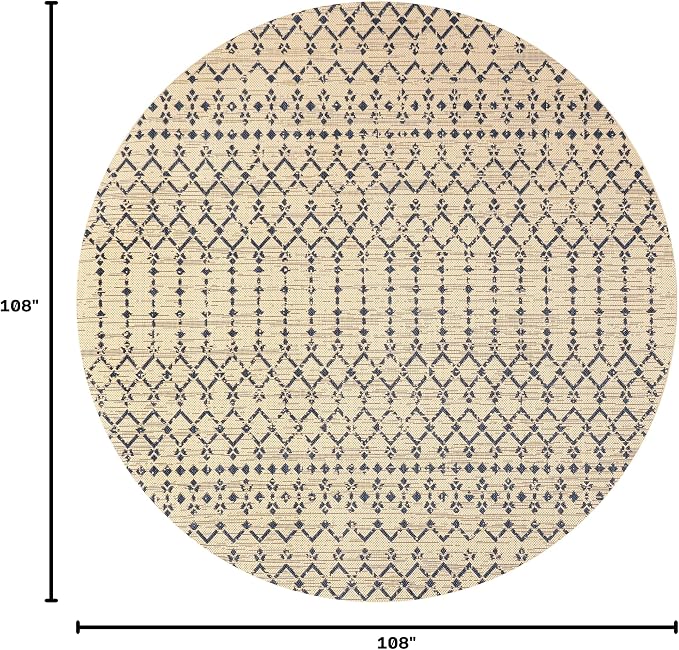 JONATHAN Y Moroccan Geometric Indoor Outdoor Round Area Rug 9 Ft Beige/Navy, Ourika Textured Weave for Backyard, Patio, Porch, Easy-Cleaning, High Traffic, Pet-Friendly, Non-Shedding (SMB108H-9R)