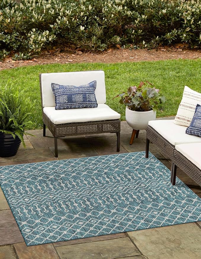 Unique Loom Outdoor Trellis Collection Area Rug - Tribal Trellis (13' Square, Teal/ Ivory)