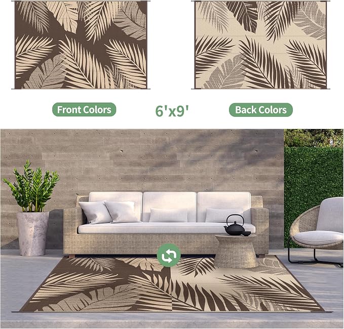 GENIMO Outdoor Rug, Waterproof Plastic Rugs for Patio, 6'x9' Coffee Beige | Outside Larger Leaf Carpet Mat for Porch Decor, Deck, Balcony, Camping, RV, Backyard, Picnic, Beach, Reversible, Foldable