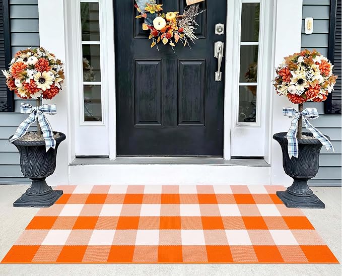 Front Porch Rug 24''x51''Orange and White Outdoor Rug Cotton Washable Fall Door Mat Outdoor for Layered Doormat Halloween Door Mat Kitchen Farmhouse Entryway