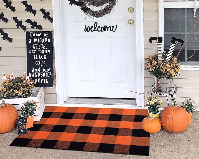 Cotton Buffalo Plaid Outdoor Rug 2x3ft Orange and Black Layered Doormat,Halloween Front Door Mat Outdoor,Farmhoue Woven Washable Checkered Rug for Porch, Entryway, Farmhouse, Autumn, Halloween