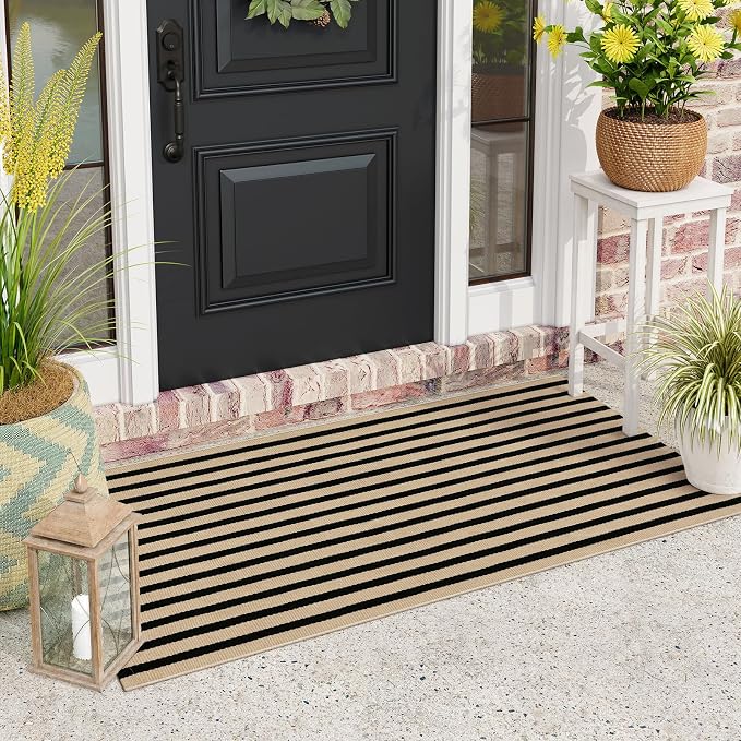 LEEVAN 2'X4.3' Black and Tan Striped Woven Cotton Reversible Outdoor Rug | Small Machine Washable Front Porch Rug, Entryway Door Mat, Indoor Layering Carpet for Farmhouse Bathroom Laundry