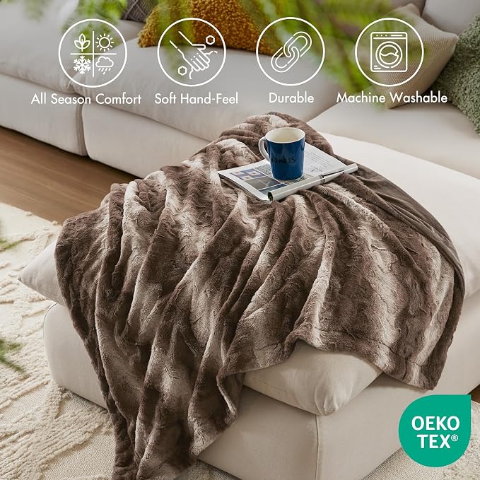 Madison Park Zuri Faux Fur Reversible Throw Blanket, 50 x 60 in, Brown | Soft Plush, Luxury, Animal Stripes, Mink Reverse, Modern, All Season, for Bed Sofa Couch, OEKO-TEX Certified