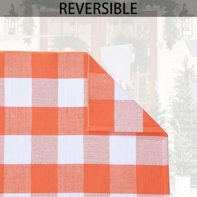 Orange and White Plaid Rug, 28'' x 43'' Fall Front Door Decor Mat, Cotton Washable Hand-Woven Door mat for Layered Doormat, Autumn Halloween Thanksgiving Carpet for Porch, Entryway