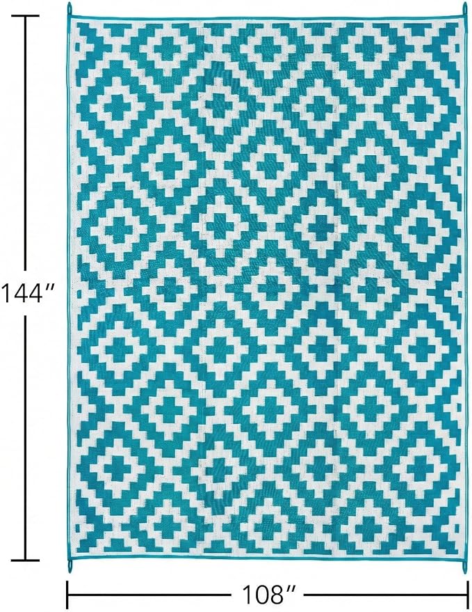 FH Home Outdoor Camping Rug - Waterproof, Fade Resistant, Reversible - Premium Recycled Plastic - Geometric - Large Patio, Deck, Sunroom, RV - Aztec - Teal & White - 9 x 12 ft Foldable
